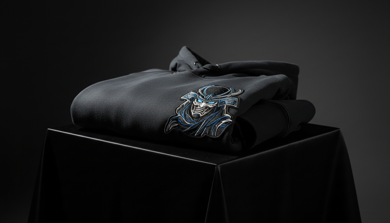 A folded dark charcoal athletic hoodie with a unique anime-inspired embroidered patch, showcased atop a satin-finish black plinth. The hoodie’s thick, ribbed cuffs and heavyweight cotton texture are highlighted by sharp, side-angled lighting that creates crisp, dramatic shadows and sharp highlights. Minimalist background fades into deep black, reinforcing a sense of secrecy and luxury. Captured at a low, slightly diagonal angle with tight framing, the composition draws attention to craftsmanship and premium materials. The atmosphere feels edgy and exclusive, accentuating the garment’s limited-run status and aligning with the store’s dark, bold aesthetic in a photographic minimalist style.