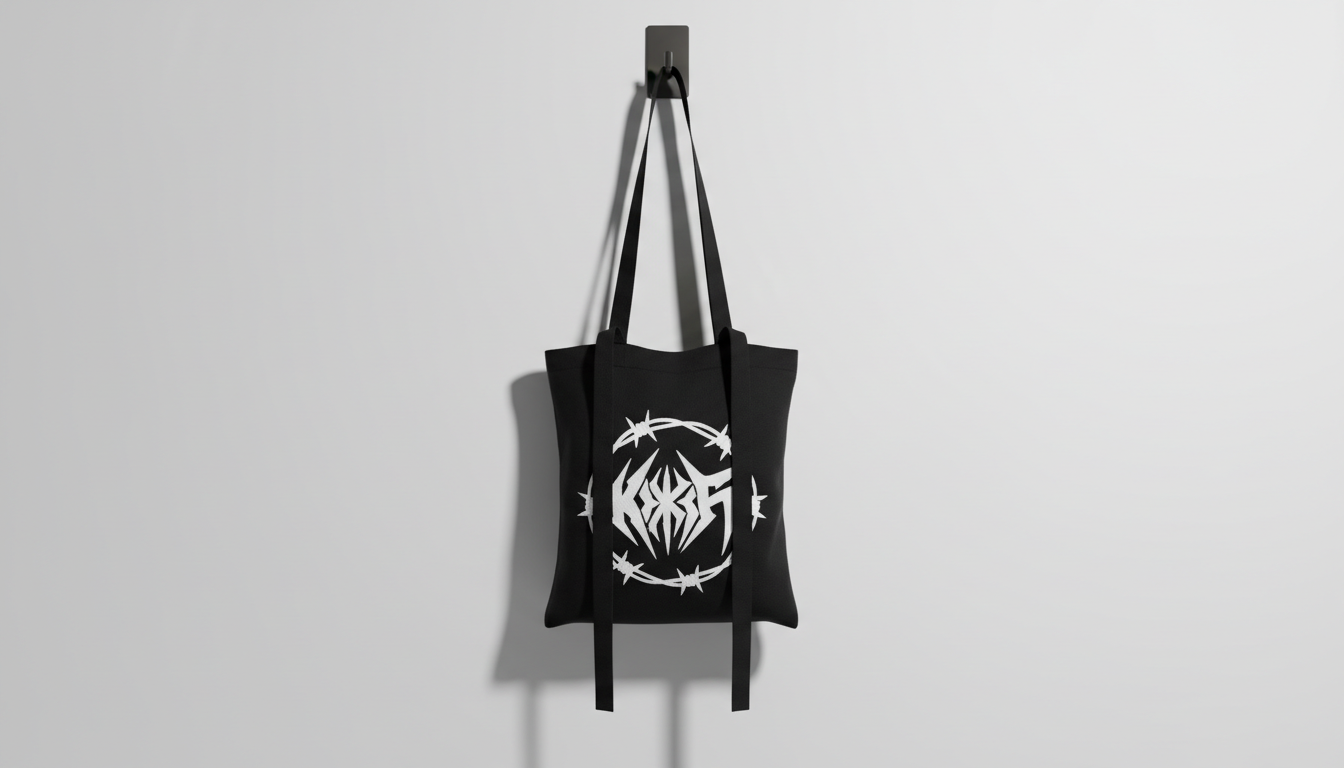 A heavyweight, pure black cotton tote bag with exaggerated elongated straps and a bold white anime-style logo framed by barbed wire graphic accents, the print slightly raised for a tactile feel. The tote hangs from a matte metal hook set into a flawless white wall, with severe, directional top lighting casting dramatic shadows both on the bag and the wall beneath. The background remains utterly uncluttered, heightening the visual focus and intensity. Captured head-on with razor-sharp focus throughout, the mood communicates stark strength and contemporary edge, aligning with the brand’s bold minimalist and anime-inspired sensibility.