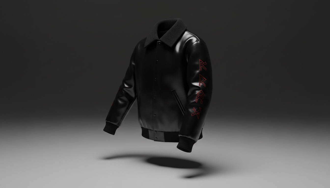 A sleek onyx-colored varsity jacket crafted from high-sheen faux leather, featuring a jet-black wool collar and embroidered dark red occult runes on the arm in a stylized anime script. The jacket is suspended in mid-air, casting a crisp shadow onto a smooth pale gray floor. Dramatic side lighting creates high-contrast highlights and deep shadows, defining the jacket’s structure and intricate embroidery. The overall mood is enigmatic and intense, with a minimalist, void-like environment placing sole focus on the garment. The camera uses a three-quarter angle, emphasizing the jacket’s tailored silhouette and crafted details, fully embracing the goth/anime crossover appeal.