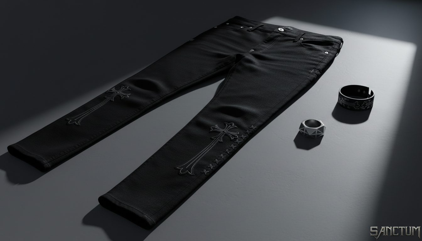 A set of slim black denim pants adorned with subtle silver hardware and intricate gothic cross stitching running along the outer seams, the denim’s rich texture and matte finish enhanced under pointed studio lighting. The pants are arranged off-center on a cold, seamless slate surface, with sparse anime-inspired etched accessories—a single silver ring and a leather wristband—beside them. The lighting carves out sharp, defined edges and long, crisp shadows, lending the scene a strong, uncompromising energy. Photographed from a low-angle perspective, the composition exudes minimalist power and bold sophistication, in harmony with Sanctum’s edgy, anime-infused visual DNA.
