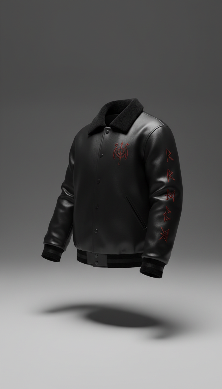 A sleek onyx-colored varsity jacket crafted from high-sheen faux leather, featuring a jet-black wool collar and embroidered dark red occult runes on the arm in a stylized anime script. The jacket is suspended in mid-air, casting a crisp shadow onto a smooth pale gray floor. Dramatic side lighting creates high-contrast highlights and deep shadows, defining the jacket’s structure and intricate embroidery. The overall mood is enigmatic and intense, with a minimalist, void-like environment placing sole focus on the garment. The camera uses a three-quarter angle, emphasizing the jacket’s tailored silhouette and crafted details, fully embracing the goth/anime crossover appeal.